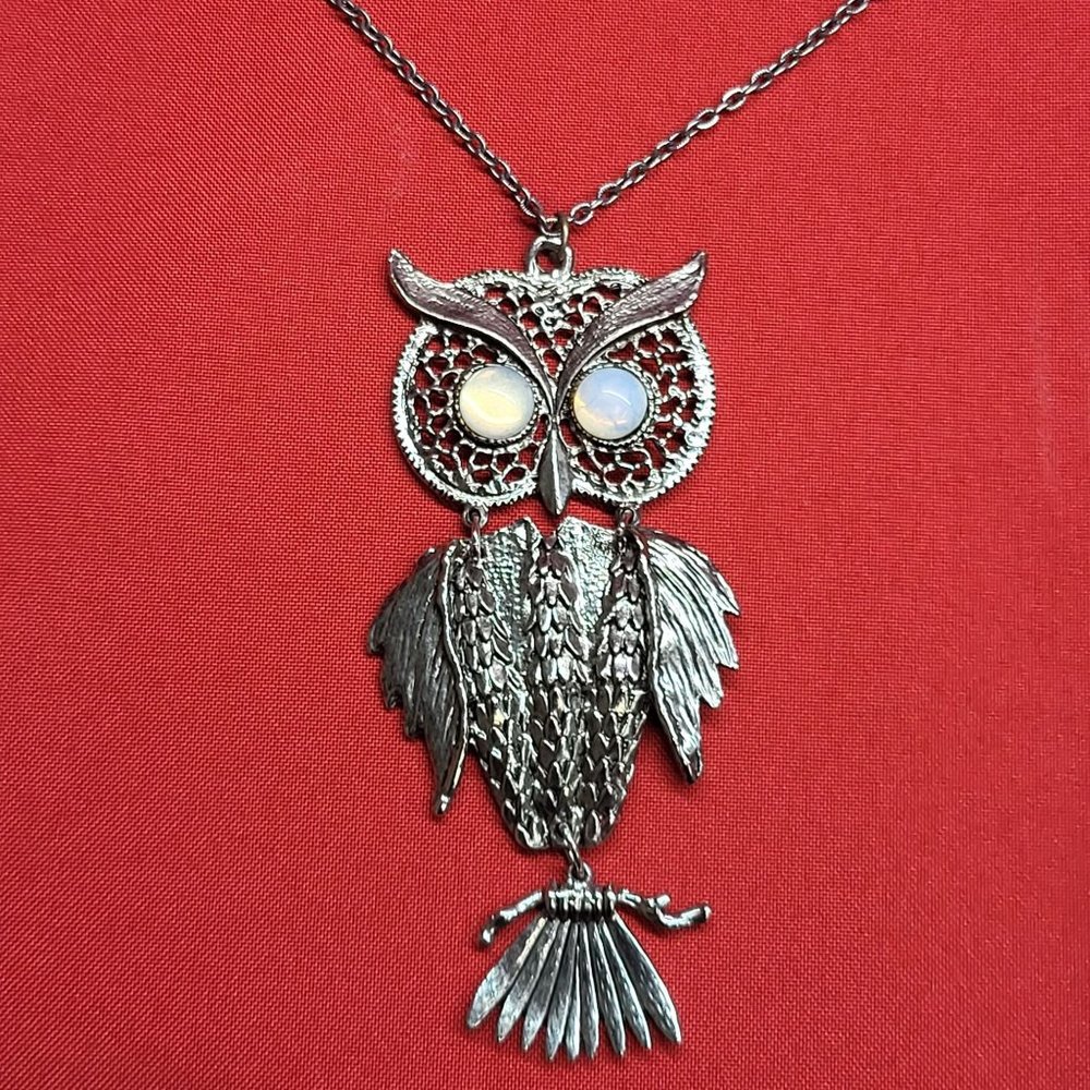 Vintage Horned Faux Opal Eyes Large Owl Necklace